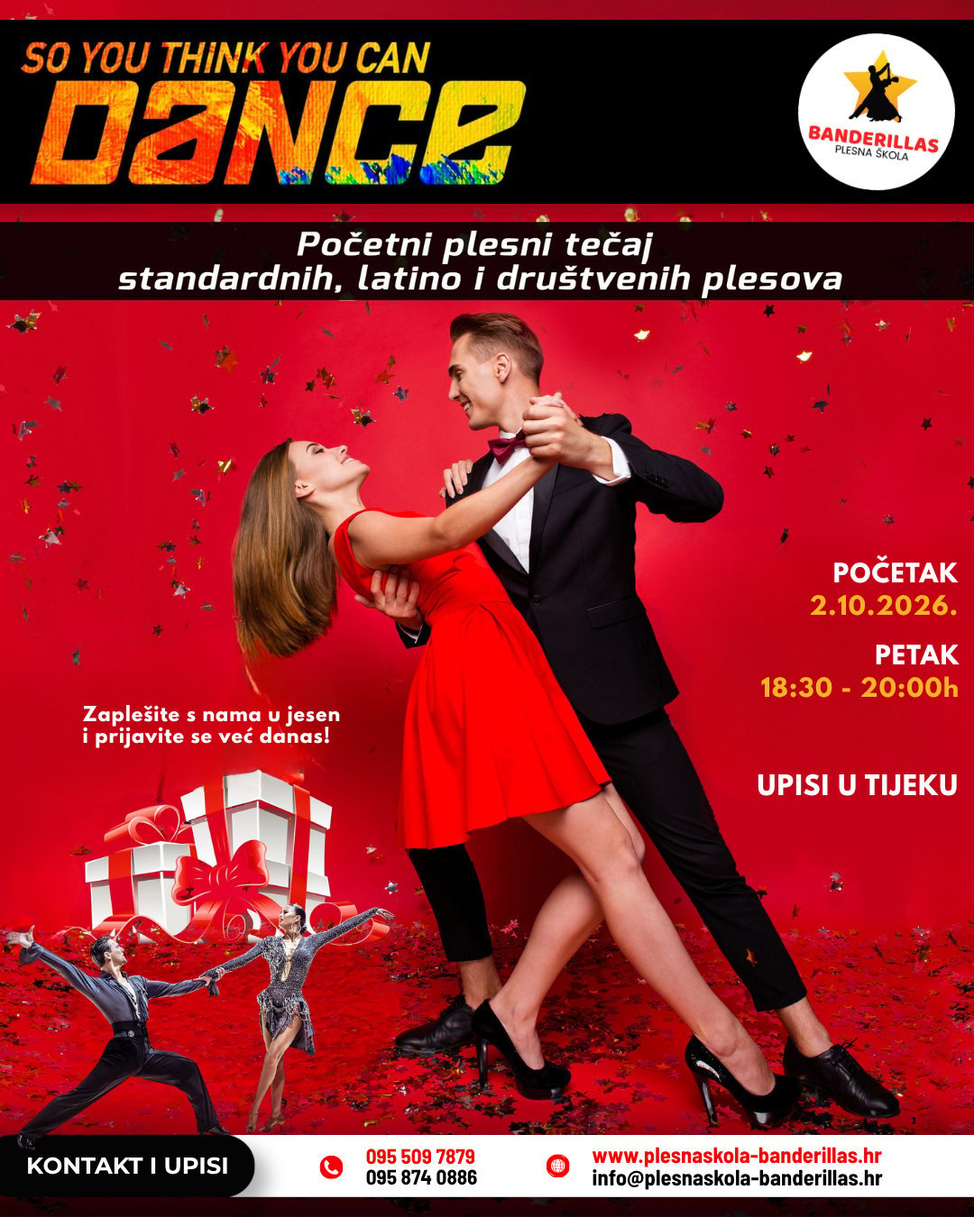 Plakat početnog plesnog tečaja standardnih, latino i društvenih plesova Plesne škole Banderillas – termin petak 18:30–20:00h, početak 2.10.2026., upisi u tijeku