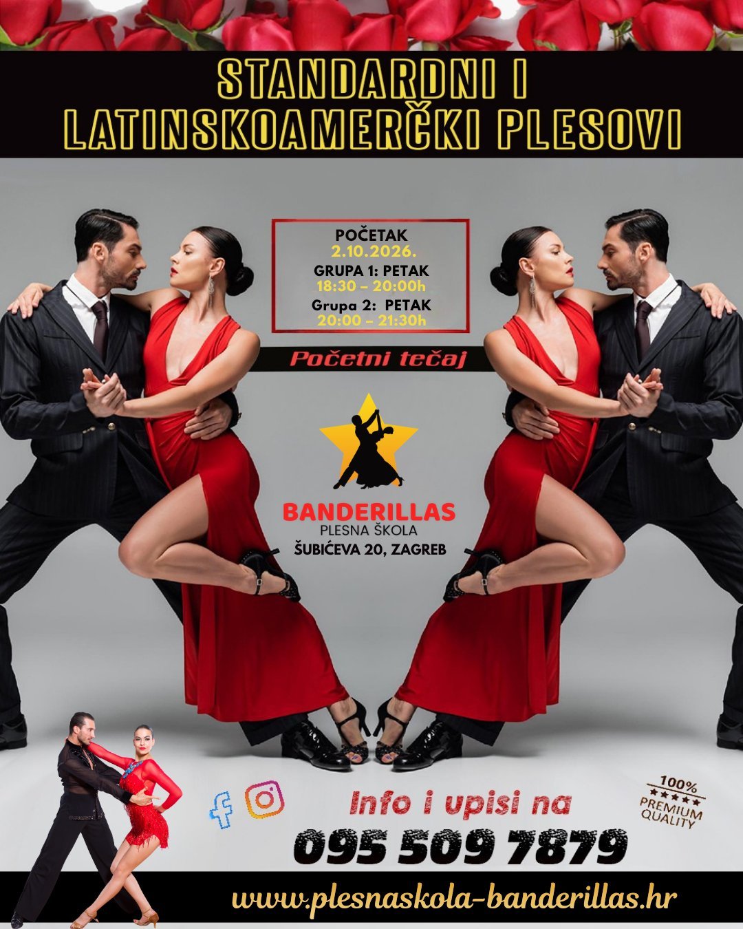 Standardni i latinskoamerički plesovi – plakat početnog tečaja Plesne škole Banderillas s informacijama o početku, terminima i upisima