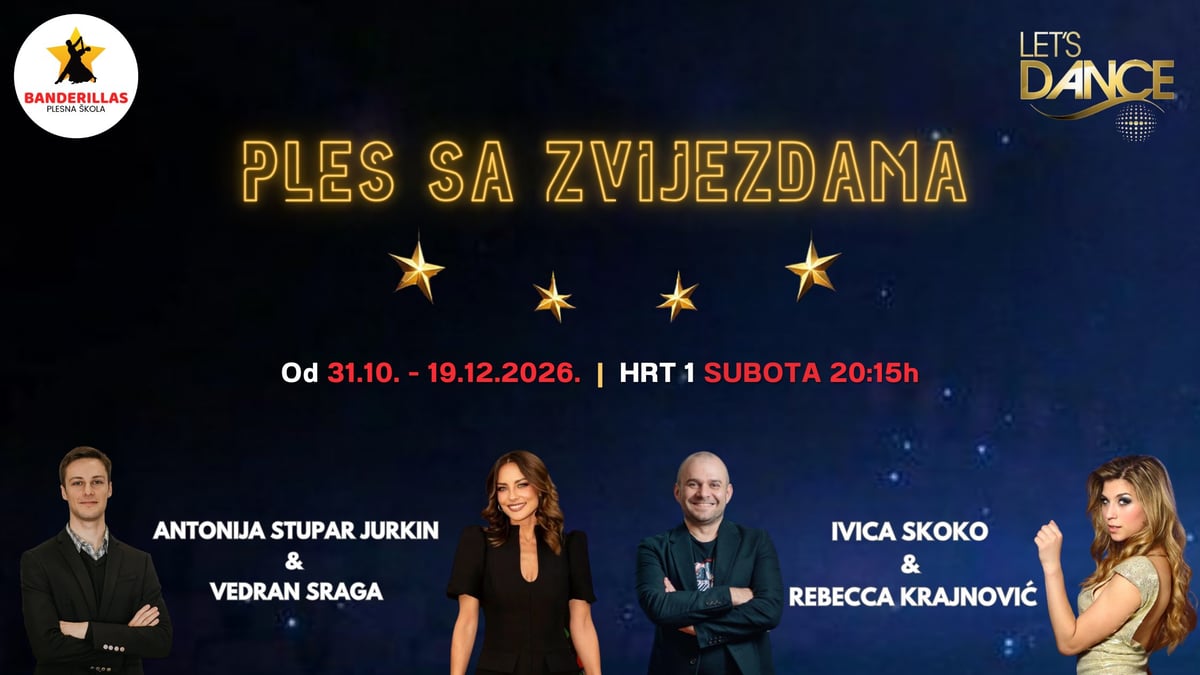 Dance competition promotional poster featuring five judges and event details for Ples Sa Zvijezdana running October 31 to December 19, 2026 on HRT1