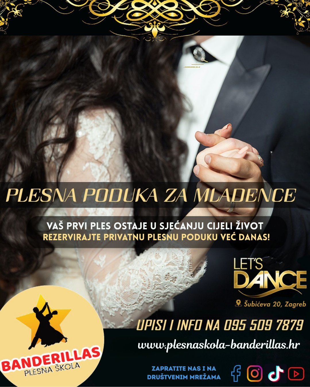 Promotivni poster plesne poduke za mladence plesne škole Banderillas — par u vjenčanici i odijelu uz zlatne dekorativne elemente