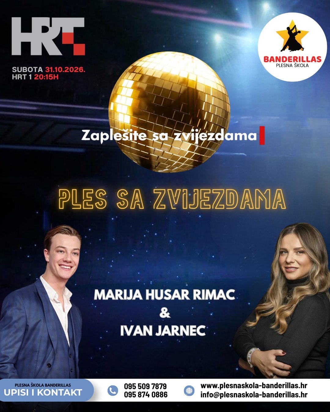 HRT promotional poster for Ples sa zvijezdama dance show featuring hosts Marija Husar Rimac and Ivan Jarnec, airing October 31, 2026