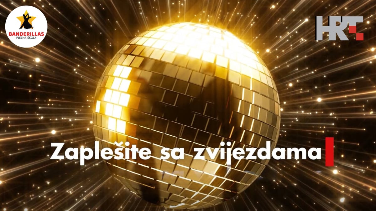 Zlatna disko kugla s natpisom Zaplesite sa zvijezdama — Ples sa zvijezdama 2026. na HRT-u, plesna škola Banderillas Zagreb