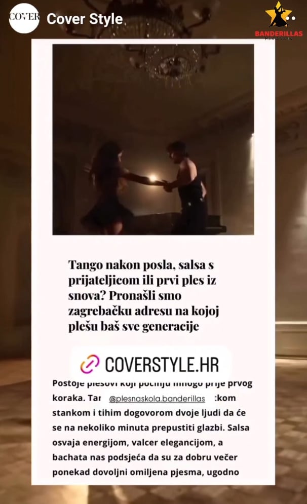 Plesna škola Banderillas u članku na Coverstyle.hr — Instagram objava s fotografijom para u crnim haljinama koji izvodi tango i najavom članka na portalu Coverstyle