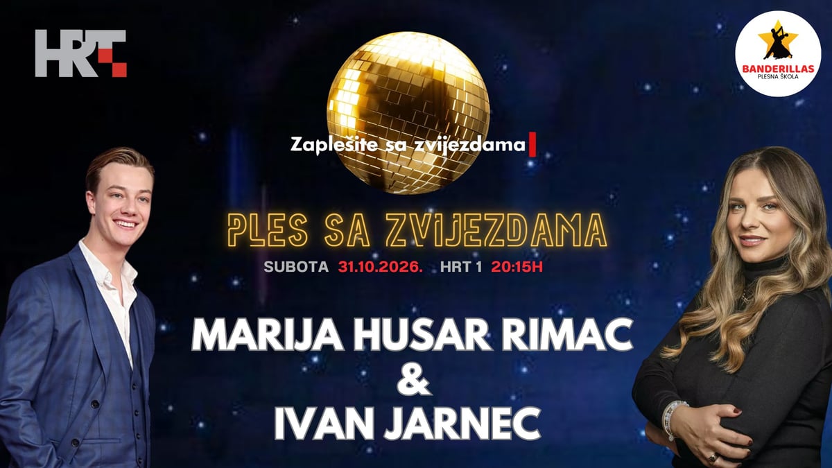 Promotivni banner Ples sa zvijezdama 2026. – Marija Husar Rimac i Ivan Jarnec, subota 31.10.2026. u 20:15 h na HRT1 – Plesna škola Banderillas Zagreb