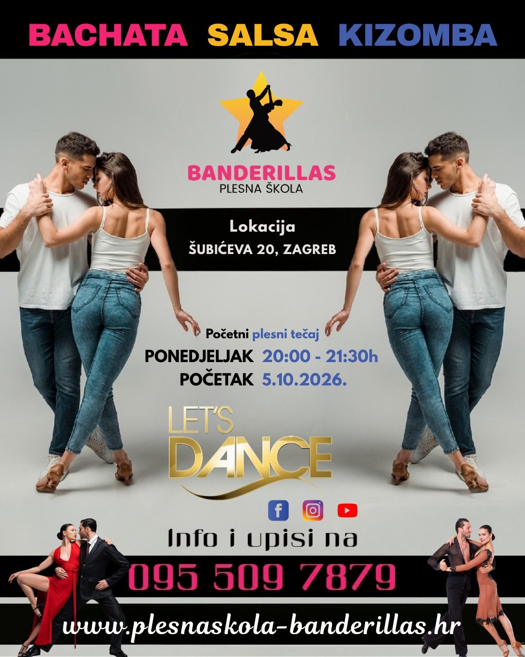 Plakat početnog tečaja salse, bachate i kizombe Plesne škole Banderillas Zagreb — ponedjeljak 18:30–20:00h, početak 9.11.2026., Šubićeva 20